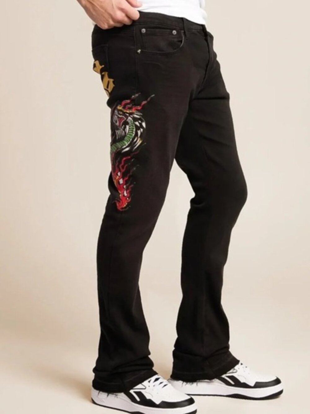 NWT Ed Hardy Denim Men’s  Ed Hardy Stacked Boot Cut Jeans Cobra Flame Black Wash